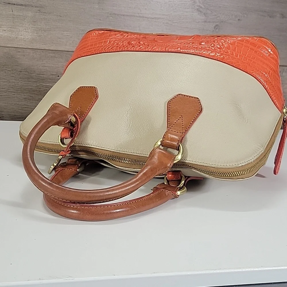 Brahmin Cream/Orange Croc Embossed Leather Dome Satchel Bag